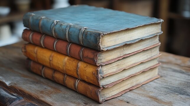 Four books stacked on top of each other on a table