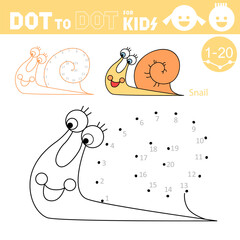 Snail. Dot to dot games for kids. Connect the numbers and drawing a snail. Coloring Book. Puzzle activity worksheet. Sketch vector illustration.