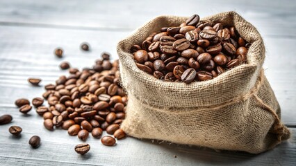 Fototapeta premium Roasted brown coffee beans spill from a burlap sack onto a wooden surface, ready for brewing a dark, aromatic espresso