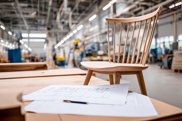 A wooden chair is prominently positioned on a workstation. Several architectural plans lie beside it, while the spacious furniture manufacturing facility operates in the background
