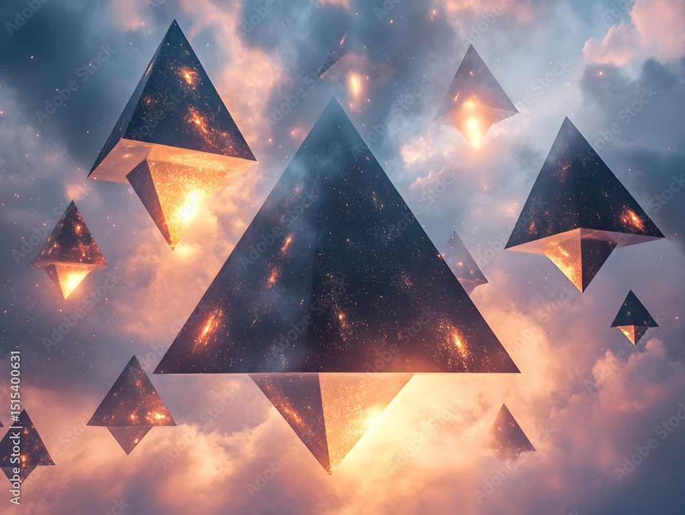 Poster celestial pyramids: floating, geometric wonders ascend through the soft embrace of atmospheric cloud