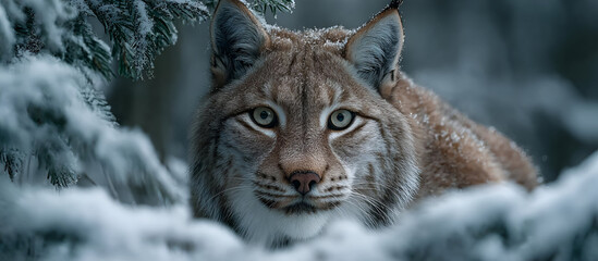 Obraz premium A solitary lynx crouching low in the snow, its eyes focused on an unseen prey as the winter forest surrounds it in silence.