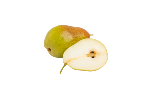 Red-yellow pear with half, lying flat, front view, isolated on transparent background. PNG