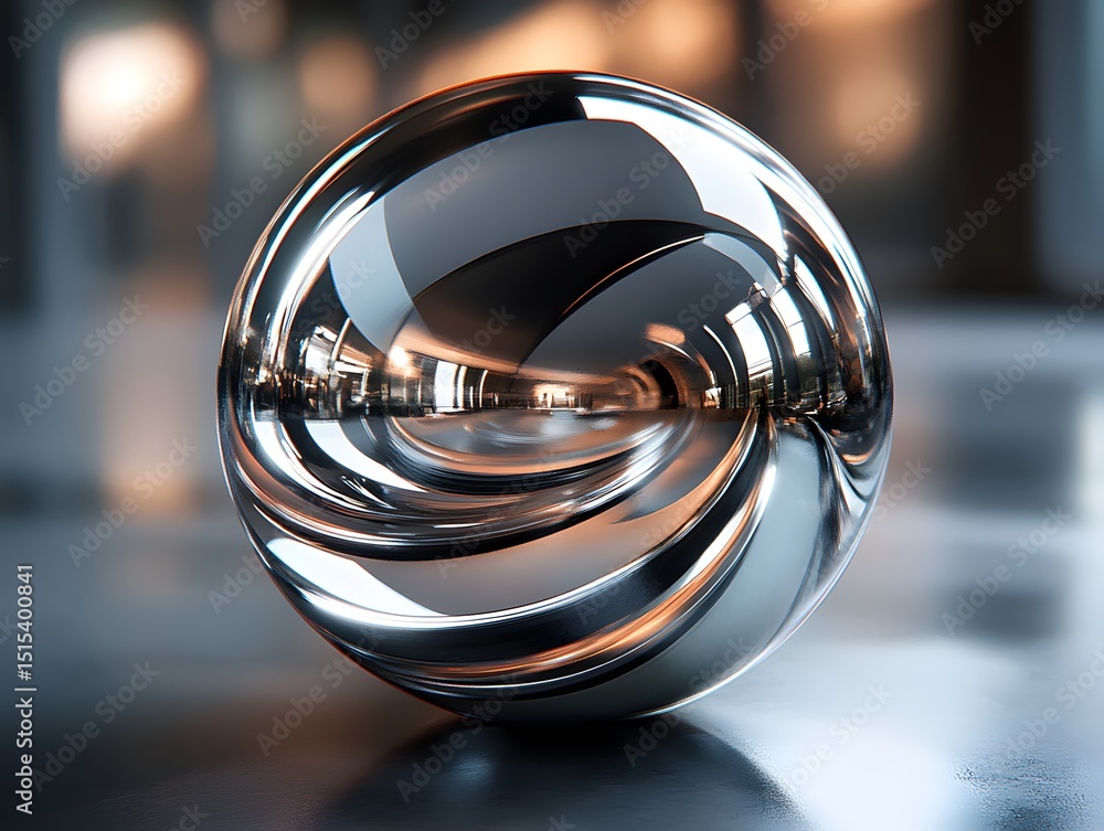 Poster reflective sphere: a captivating metallic sphere, reflecting the surrounding architecture, showcasin