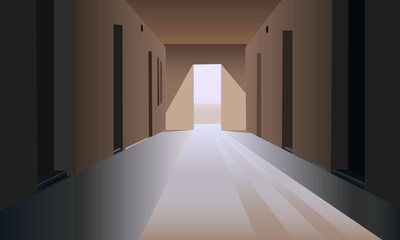 
Illustration of empty corridor illuminated by sun rays through open door in modern office building, vector illustration, for your designs and stylish interior scenes