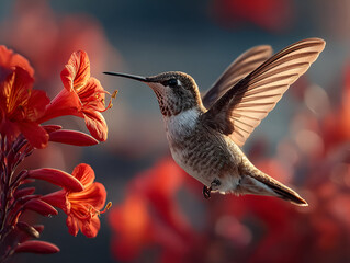 A tiny hummingbird hovering in front of a bright red flower, its wings a blur as it sips nectar in the warm morning sunlight.