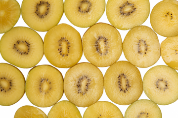 Seamless pattern of golden kiwi slices tightly arranged side by side. Top view, transparent background, PNG format.