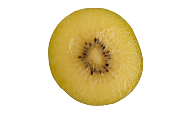 Single round slice of golden kiwi fruit. Top view, transparent background, PNG format. PNG