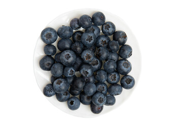 Fresh blueberries in a white ceramic bowl. Top view, transparent background, PNG format.