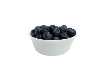 Close-up of fresh blueberries in a plain white ceramic bowl. Front view, transparent background, PNG format.
