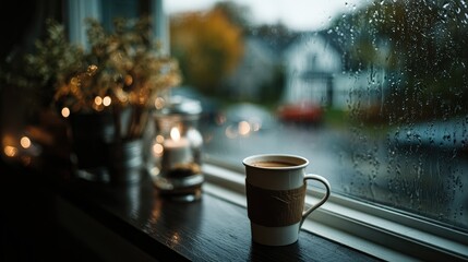 A cup of coffee placed on a sunlit windowsill with a beautiful view outside creating a calm atmosphere
