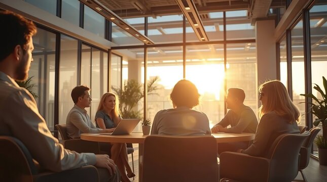 Sunlit office scene shows diverse group meeting around a table near large windows