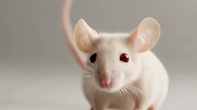 Adorable studio shot of a fluffy white domestic mouse, facing the camera with its tail blurred, showcasing its beady eyes and whiskers