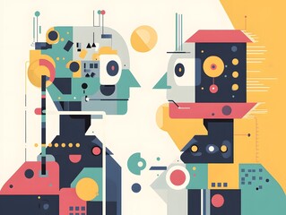 AI Communication: Two stylized robotic heads engage in a vibrant, abstract conversation, symbolizing artificial intelligence communication and technological advancement.