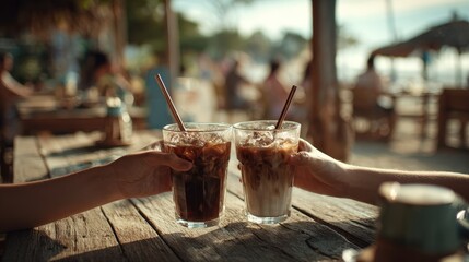 Two individuals holding glasses of iced coffee enjoying cold refreshment on a warm day in a cozy caf? setting