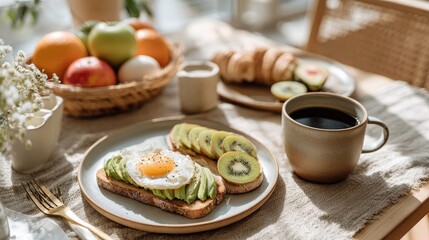 A beautifully arranged breakfast on a table capturing the essence of a perfect start to your day with fresh ingredients