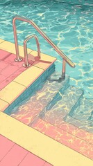 Colorful Swimming Pool With Metal Ladder and Rippling Water in the Afternoon Sun in a Leisure Setting