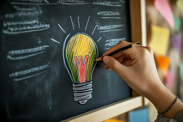 Hand Drawing Energy Efficiency Symbols on Chalkboard with White Chalk