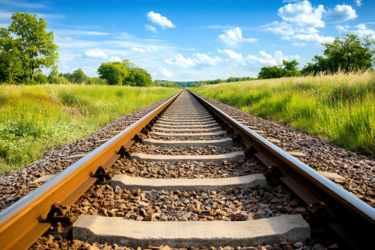 Diminishing Perspective of Twin Train Tracks Surrounded by Vibrant Nature