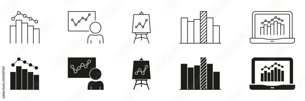 Poster bar chart graph presentation icon set. data analysis, business reporting, and statistical visualizat