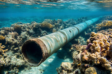 Rusty Underwater Sewer Pipe in Vibrant Coral Reef Ecosystem