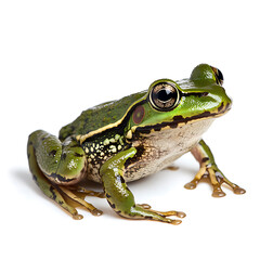 Vibrant Poisonous Green and Black Dart Frog Isolated on White Background
