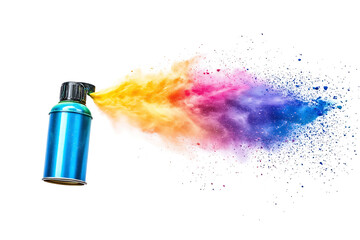 Vibrant Rainbow Holi Paint Explosion from Spray Can on White Background