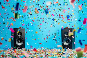 Vibrant Party Celebration with Colorful Confetti and Loud Speakers