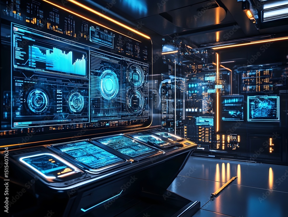 Poster cyber command center: futuristic control room with sleek interfaces, holographic displays, and intri