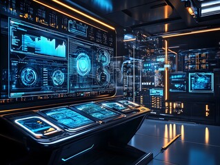 Cyber Command Center: Futuristic control room with sleek interfaces, holographic displays, and intricate data visualizations, emphasizing technology.