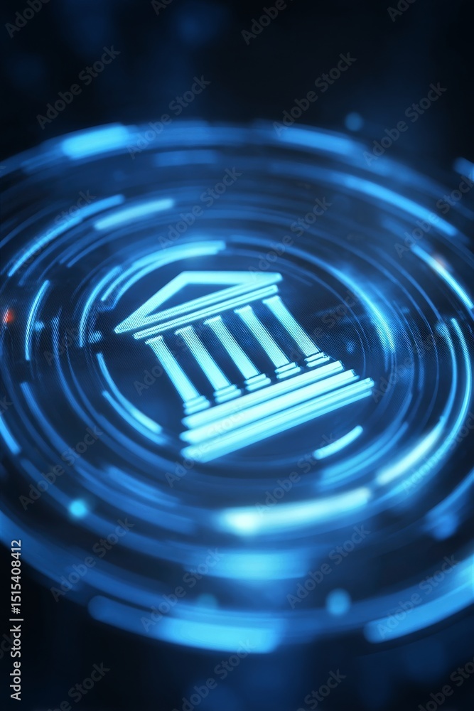 Aufkleber symbol of a digital bank represented in blue with circular data patterns in the background