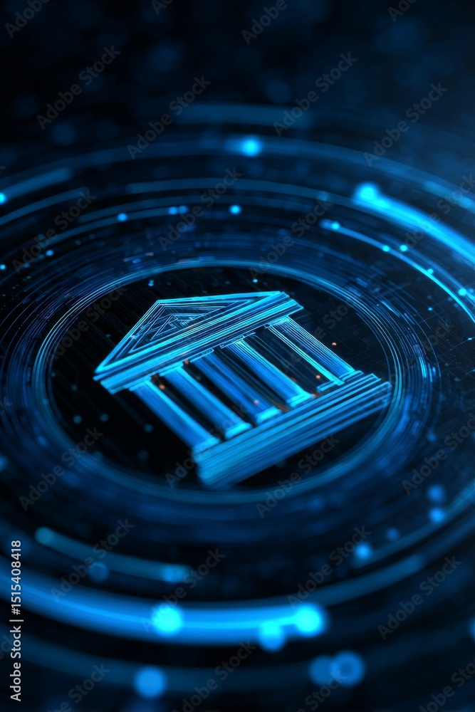 Aufkleber symbol of a digital bank represented in blue with circular data patterns in the background