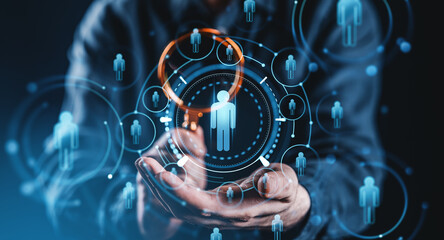 Human resource technology and digital recruitment system concept with icons in hand.