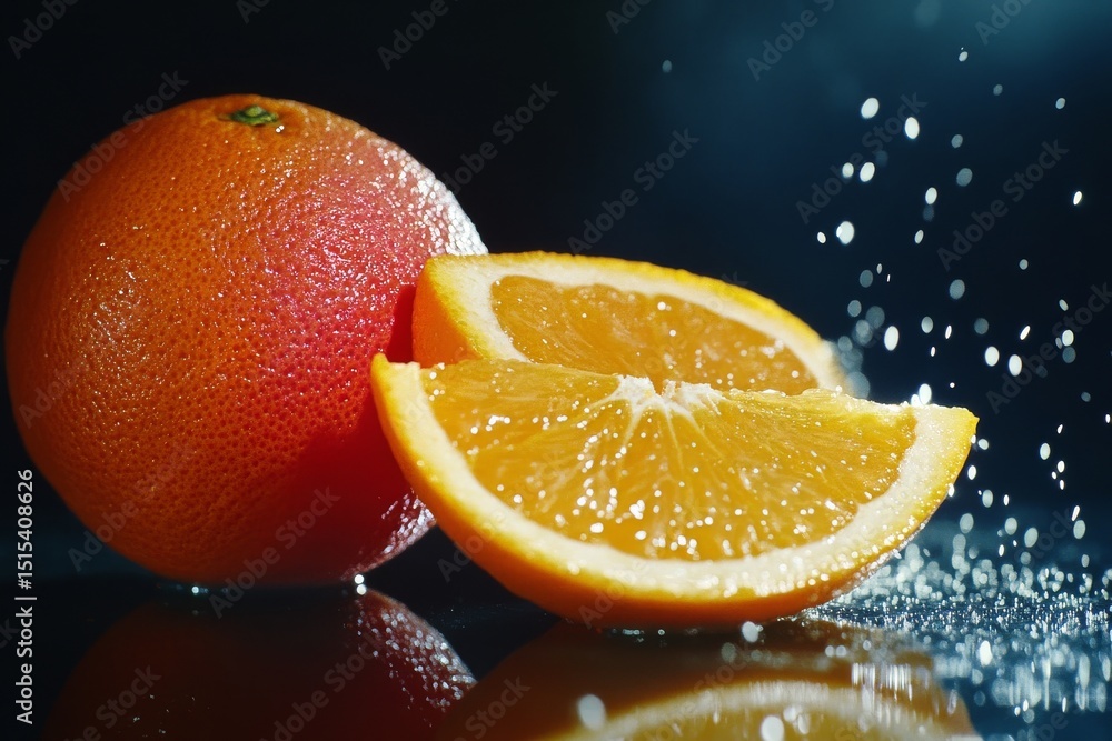 Poster fresh orange halves with water droplets creating a refreshing atmosphere in a close-up view