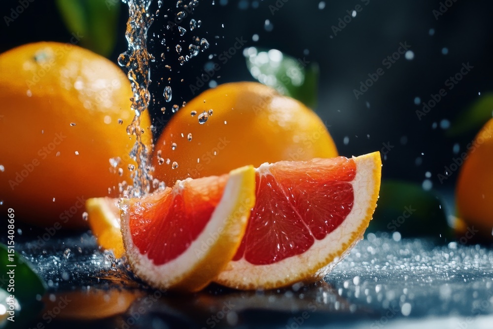Poster fresh orange halves with water droplets creating a refreshing atmosphere in a close-up view