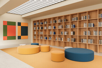 Modern library interior with wooden bookshelves, colorful round seating, abstract wall art, and grid ceiling lights in minimalist design. 3D Rendering