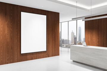 Modern office interior with blank poster mockup on wooden wall, clean reception area and city view through large glass windows in daylight setting. 3D Rendering