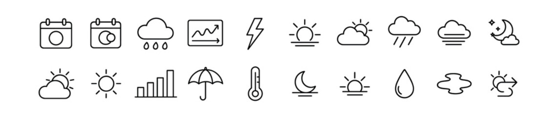 Fototapeta premium Weather and forecast line icon set - outline, climate and temperature symbols