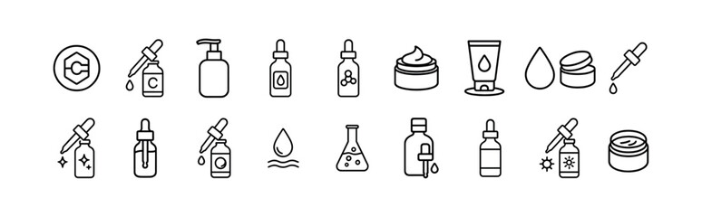Skin care routine icon set - line, beauty and cosmetic essentials