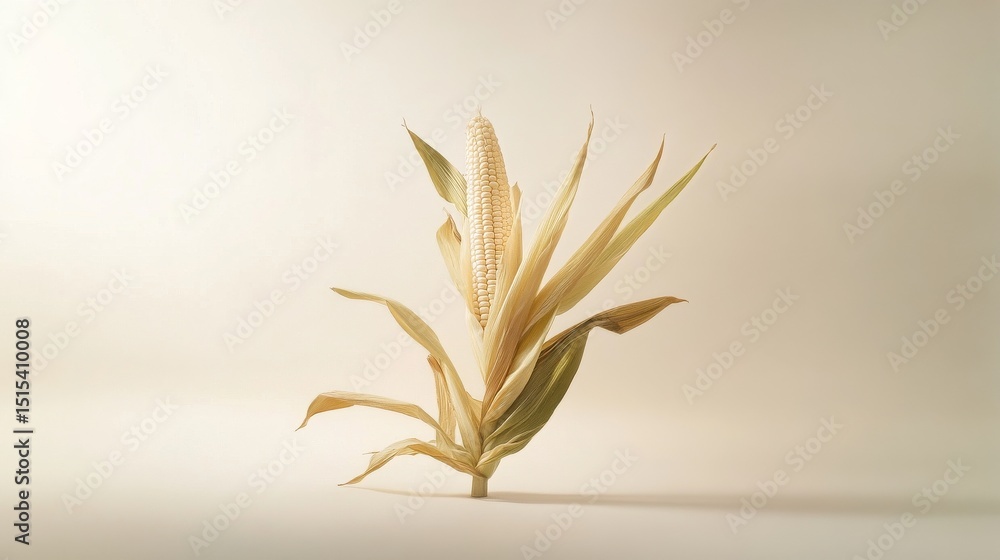 Poster dried corn stalk with kernels displayed on a neutral background in a minimalistic style