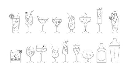 Minimalist linear cocktail Icon set for bar and cocktail party designs