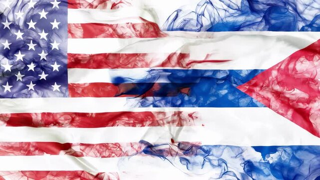 American flag and Cuban flag in smoke shape on white background. Business concept of world conflict and custom duties. America VS Cuba metaphor. Dollar Pesos exchange currency, commercial risis.