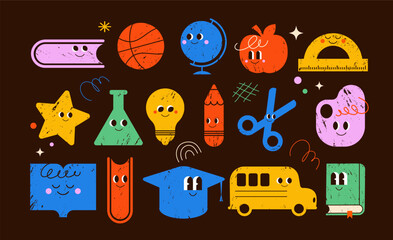 Funny Back to School hand drawn characters icons set