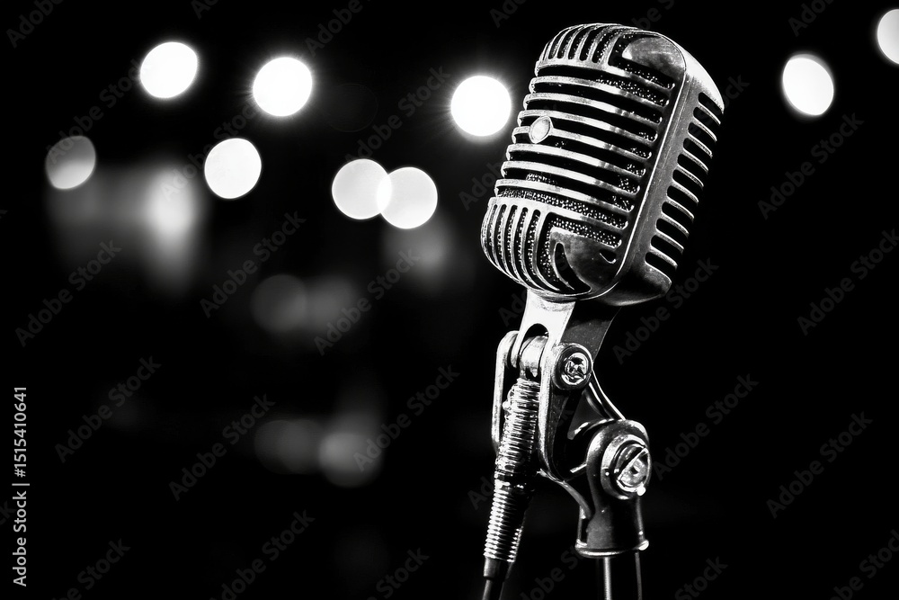 Poster classic microphone ready for a live performance in a dimly lit venue with soft lights in the backgro
