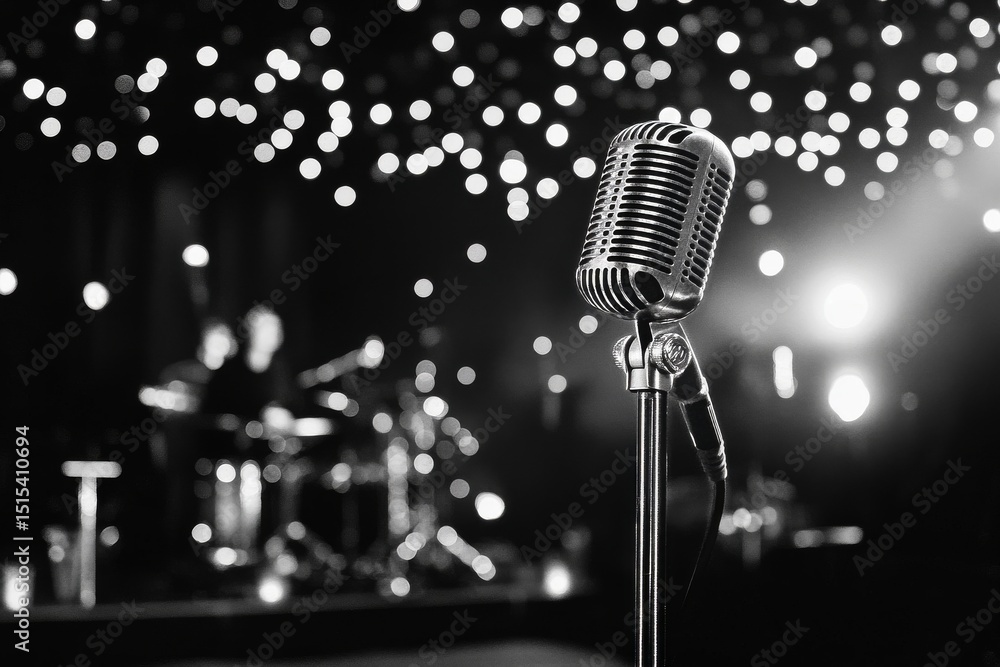 Poster classic microphone ready for a live performance in a dimly lit venue with soft lights in the backgro