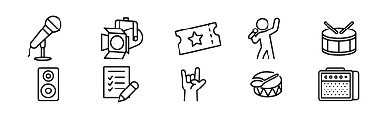 Music festival line icon set - instruments, concerts, and ticket symbols collection