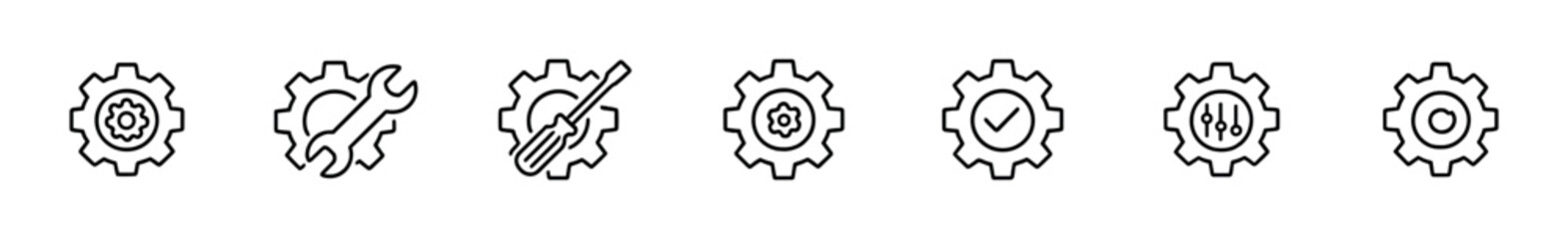 Gear and tools line icon set - minimal maintenance, settings, repair symbols