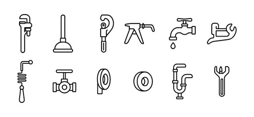 Plumbing tools line icon set - outline style for construction & maintenance