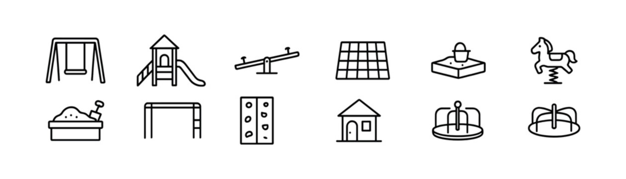 Playground outline icon set - equipment, swing, slide, and fun play symbols