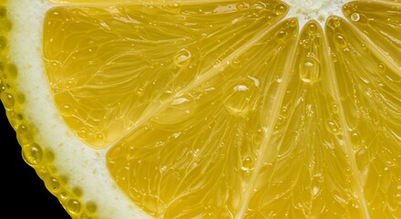 Zesty Citrus: A macro shot reveals the exquisite detail of a freshly cut lemon slice, adorned with tiny droplets, embodying refreshing, vibrant, and natural allure.